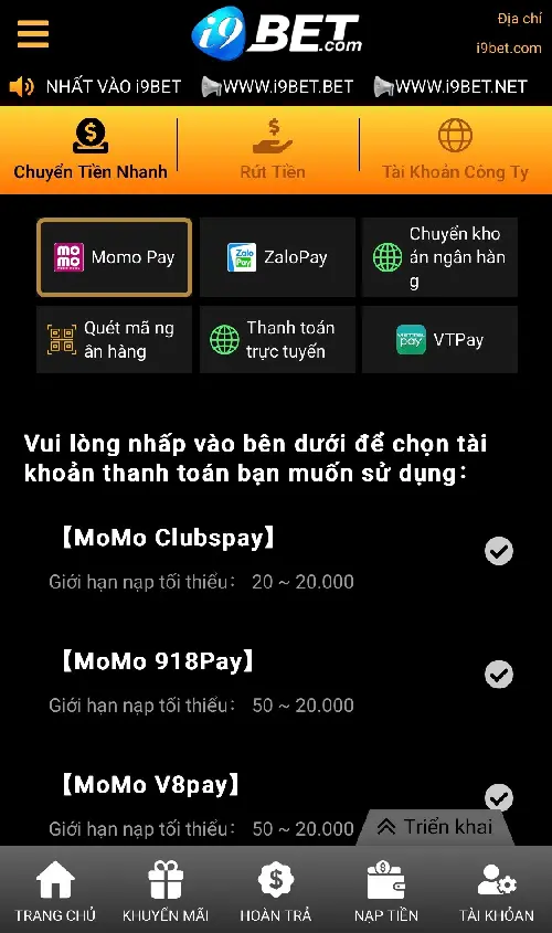 Bước 1 nạp tiền bằng hình thức momo pay