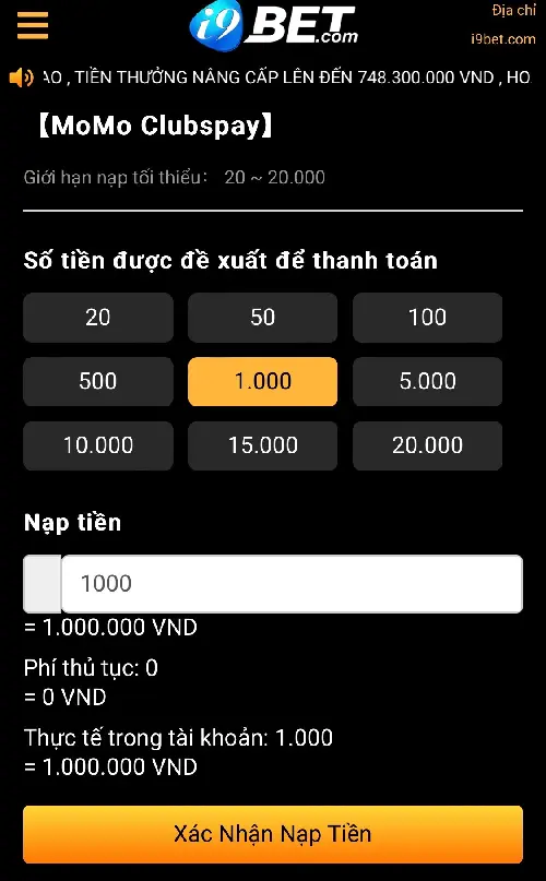 Bước 2 nạp tiền bằng hình thức momo pay
