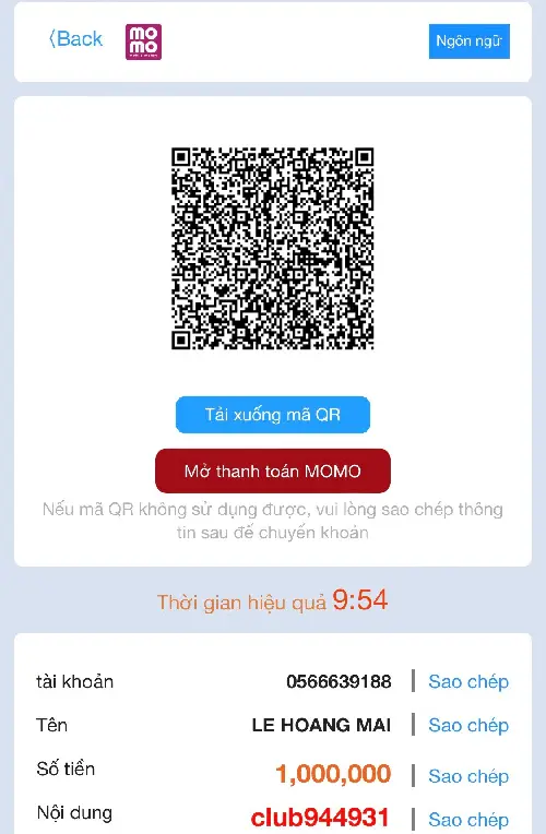 Bước 3 nạp tiền bằng hình thức momo pay